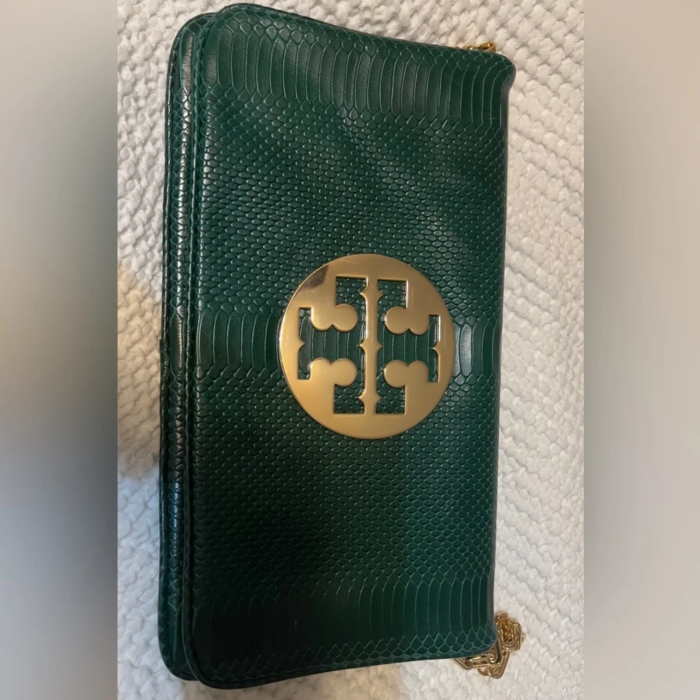 Tory Burch Dark Green Snake-Embossed Leather Clutch with Gold Logo